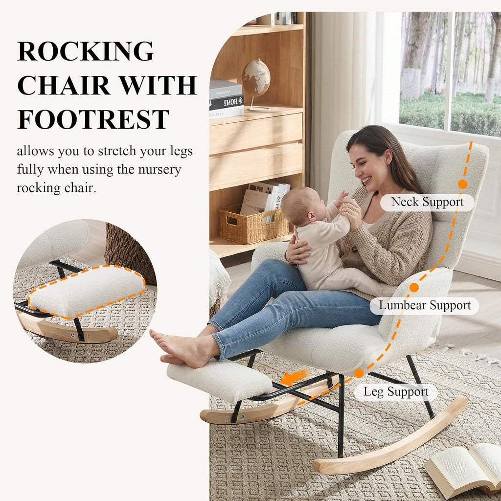 Nursery Rocking Chair with Footrest, Teddy Upholstered Glider Rocker with Side Pocket, Leisure Rocker Chair with High