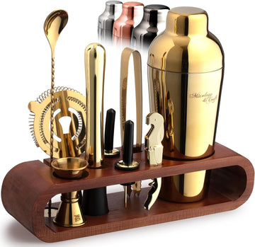 Cocktail Shaker Set with Dark Bamboo Stand - Professional 10-Piece Bartender Kit - Complete Bar Set & Cocktail Mixer - Set of 10