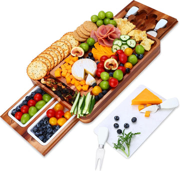 Cheese Board Set Acacia Wood - Large Charcuterie Board with Stainless Steel Knife Set, Thick Wooden Server - Fancy