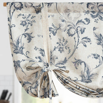 Tie Up Valance Curtain Floral Linen for Windows Farmhouse Damask Printed Short Window Treatment Adjustable