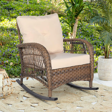 Outdoor Wicker Rocking Chair with Thickened Cushions, All-Weather Rattan Patio Rocking Chairs, Rocker Wicker Chair