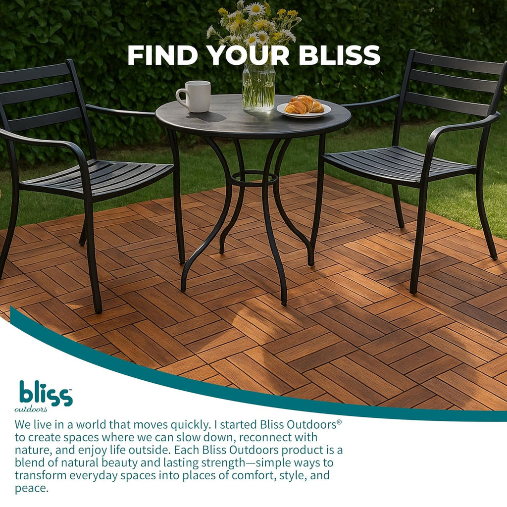 Bliss Outdoors Hardwood 12-Slat Interlocking Deck Tiles, Acacia Wooden Waterproof Patio Flooring for Balcony Indoor and