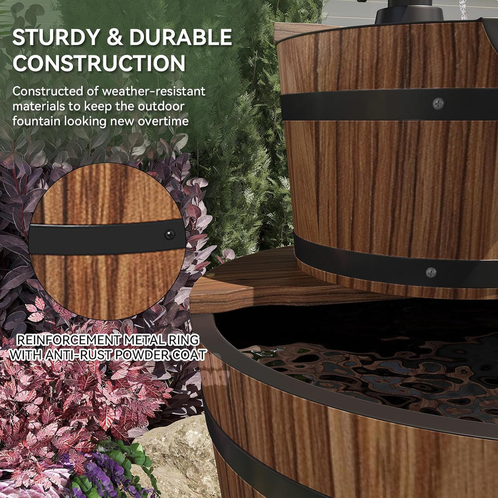3-Tier Outdoor Water Fountain, Wood Barrel Cascading with Electric Decorative Hand Pump, Rustic Waterfall Fountain