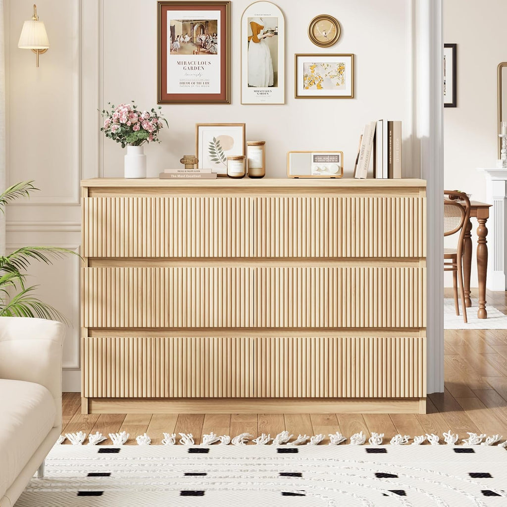 6 Drawer Fluted Dresser, Modern Chest of Drawers with Hidden Handles, Wood Storage Organizer Cabinet , Natural Oak