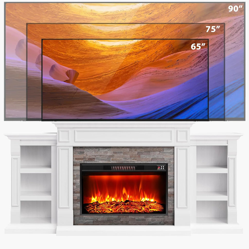 80" Electric Fireplace with Mantel, Fireplace TV Stand for TVs Up to 90 Inch, Modern Entertainment Center with Storage, 30'' Fireplace Heater Insert with 3D Flame Effect for Living Room