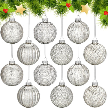 Christmas Silver Glass Ball Ornaments Vintage Tree Decoration - Set of 12