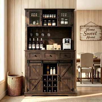 Farmhouse Coffee Bar Cabinet with Storage, Kitchen Buffet Hutch with Wine Rack & Sliding Barn Doors & Glass Doors