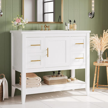 Bathroom Vanity with Sink, 36" Modern Undermount Bathroom Sink Cabinet with 4 Drawers&Open Shelf, Vanity Sink with Charging Station and Door Shelves, White