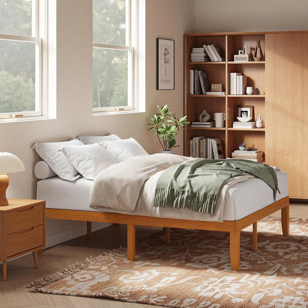 Queen Solid Bed Frame Wood 16 Inches, Sturdy Platform Bed with Heavy Duty Wooden Slat Support, No Box Spring Needed