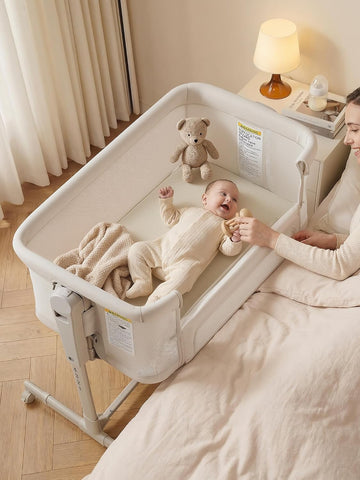 Baby Bassinet Bedside Sleeper 3-in-1, Easy Night Feeding with One-Side Fold & Rolling Wheels, Breathable Mesh