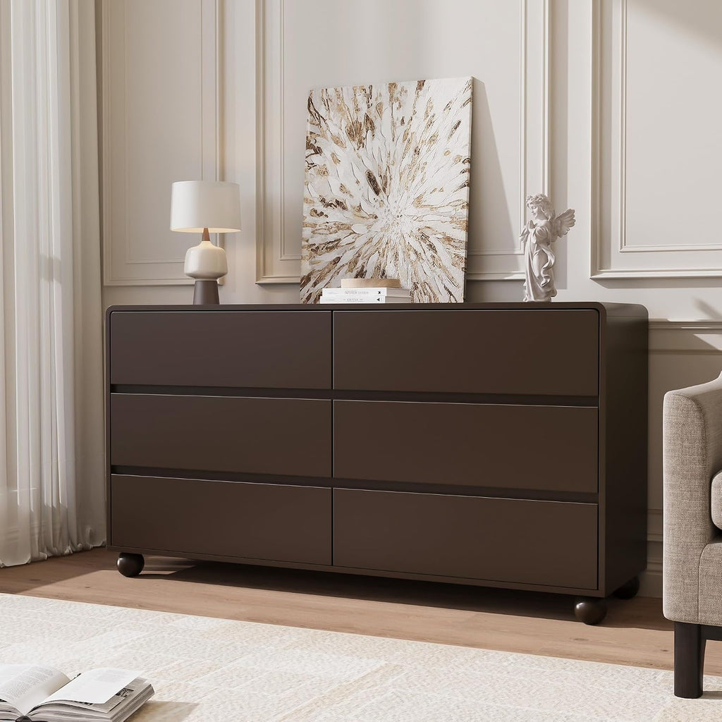 Mid-Century Modern 6 Drawer Dresser , 55" Wide Dressers Chest of Drawers, Handle Free & Curved Profile Design, Wood
