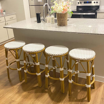Patio Round Counter Height Stool Set of 2 Outdoor Backless Barstools Aluminum Frame in Bamboo Finish with White