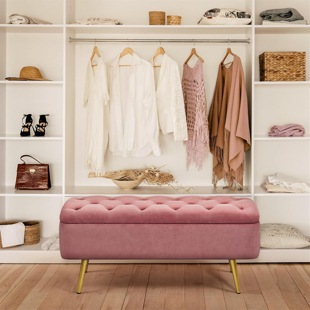 43in Velvet Storage Ottoman Bench End of Bed, Pink | Button-Tufted Ottoman Bench with 1.9C Storage Space, Tapered