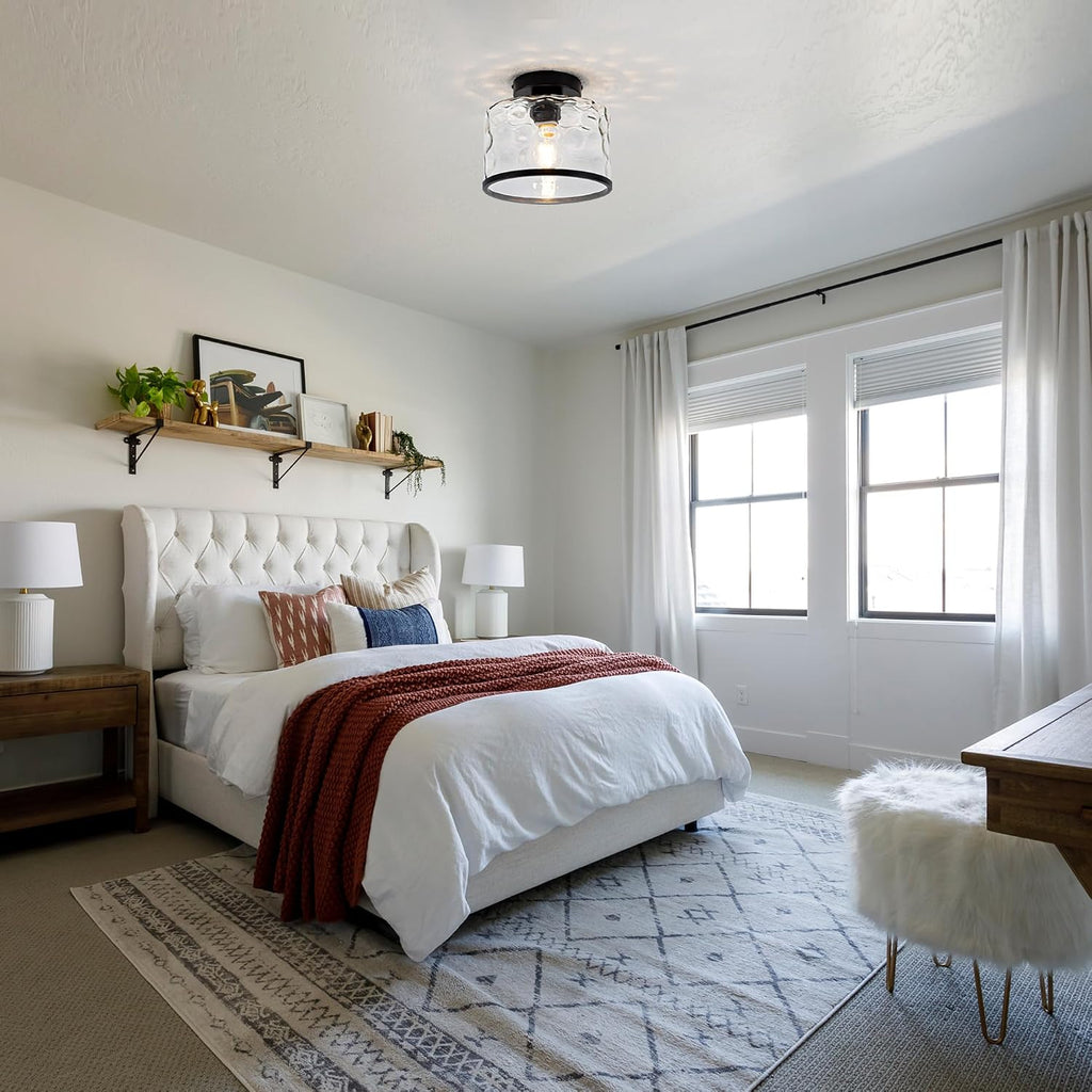 Glass Ceiling Light, Black Semi Flush Mount with Hammered Glass Shade, Farmhouse Light Fixture