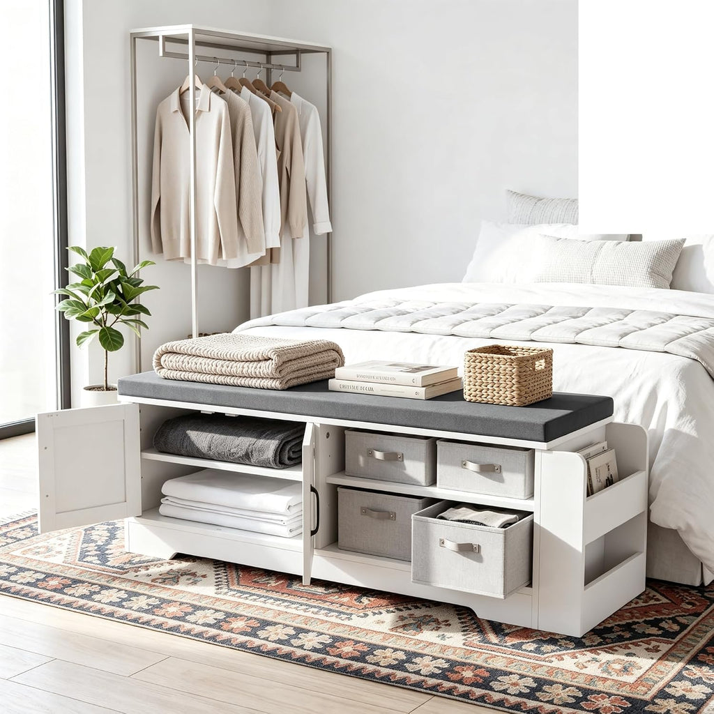 47.3" Shoe Storage Bench with Cushion, Entryway Shoe Cabinet, White | 3-in-1 Shoe Storage Bench, 47.3", Adjustable