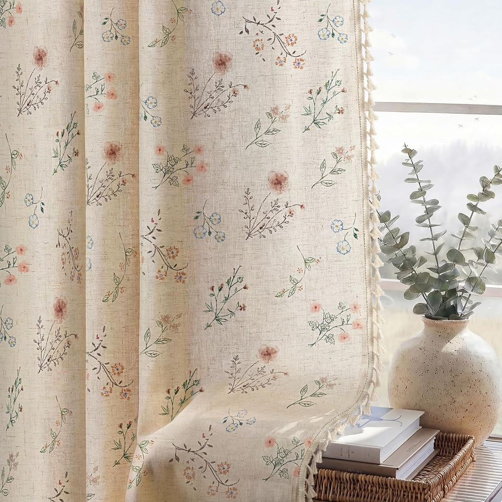 Boho Floral Spring Semi Sheer Curtains 2 Panels Set, Linen Texture Farmhouse Light Filtering Curtains