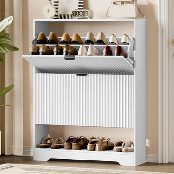 Shoe Storage Cabinet with 2 Flip Drawers, Hidden Slim Wood Shoe Organizer with Modern Fluted Panel, Freestanding