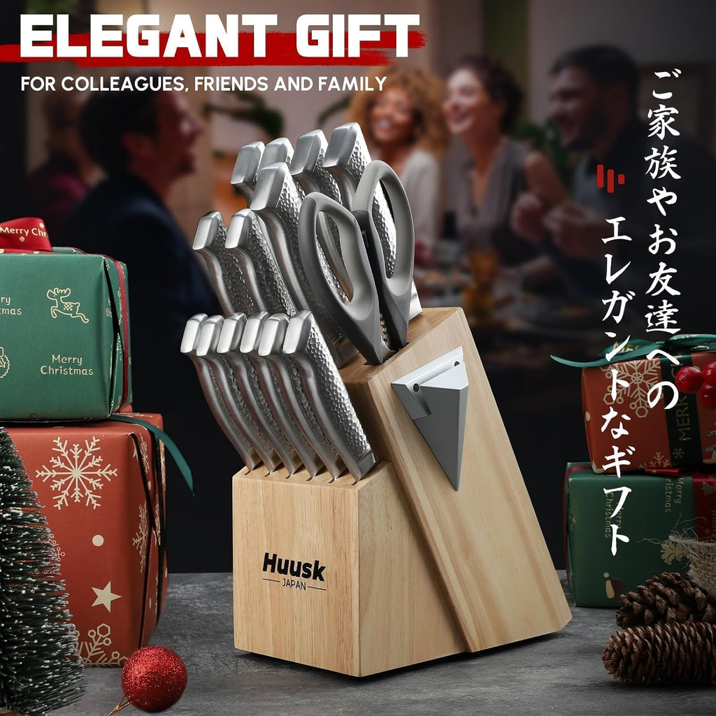 Kitchen Knife Set with Block & Built-in Sharpener - 15pcs | Japanese Stainless Steel Knife Block Set - Sharp