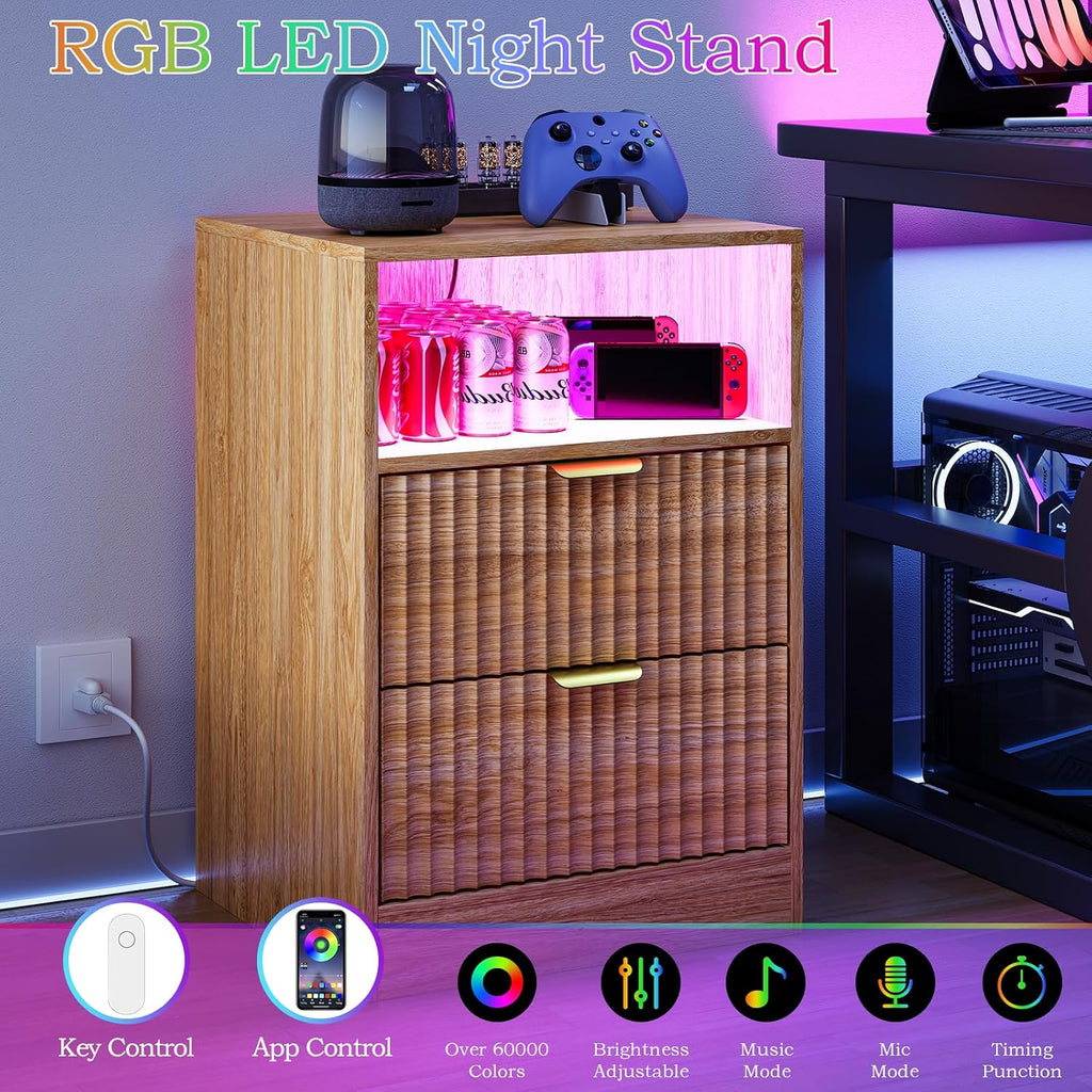 Night Stand Set 2, LED Nightstand with Charging Station, Fluted Nightstands Set of 2 with 2 Drawers, Wood Side Table