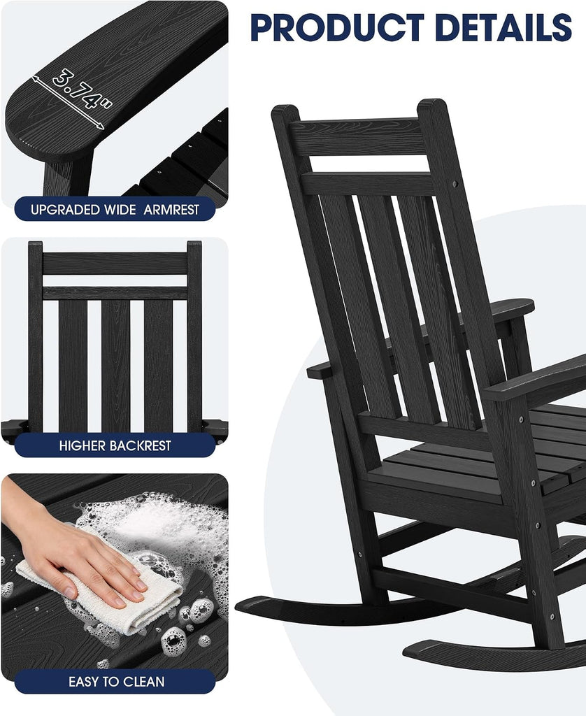 Oversized Outdoor Rocking Chair Set of 2, HDPE Patio Rockers, Black | | All-Weather Patio Rocking Chairs for Porch |