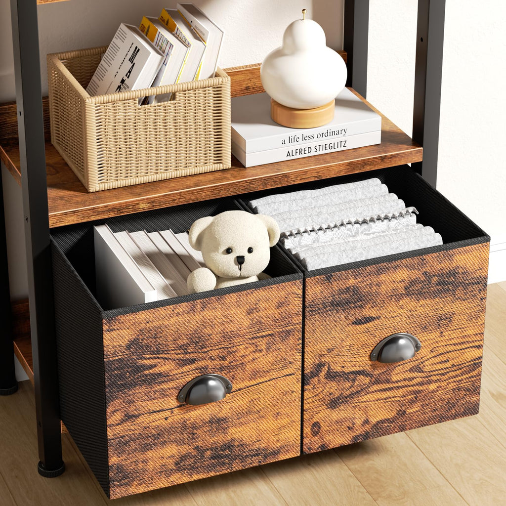 5-Tier Bookshelf, Tall Bookcase with Fabric Drawers, Rustic Brown