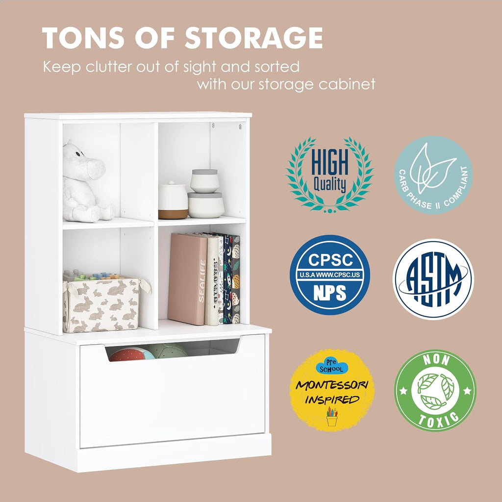 Kids Bookshelf and Toy Storage Organizer, Toddler Bookcase with Cubby | Adjustable Wood Shelf, Full-Width Drawer