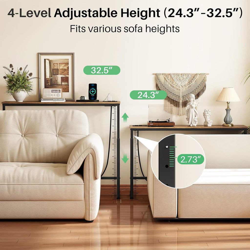 94.5" Behind Couch Table, Height Adjustable Narrow Console | 24.3"-32.5" range, split for separate walls, 2 outlets