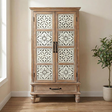 55" Tall Carved Accent Cabinet,Solid Wood Sideboards Buffet Cabinet | French Country Narrow Carved Accent Storage