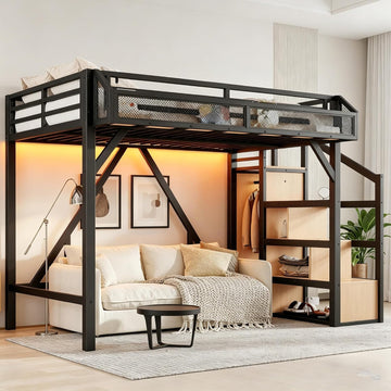 Twin XL Size Loft Bed with Stairs and Wardrobe,Heavy Duty Metal Loft Bed Frame with Shelves,LED Lights and Charging
