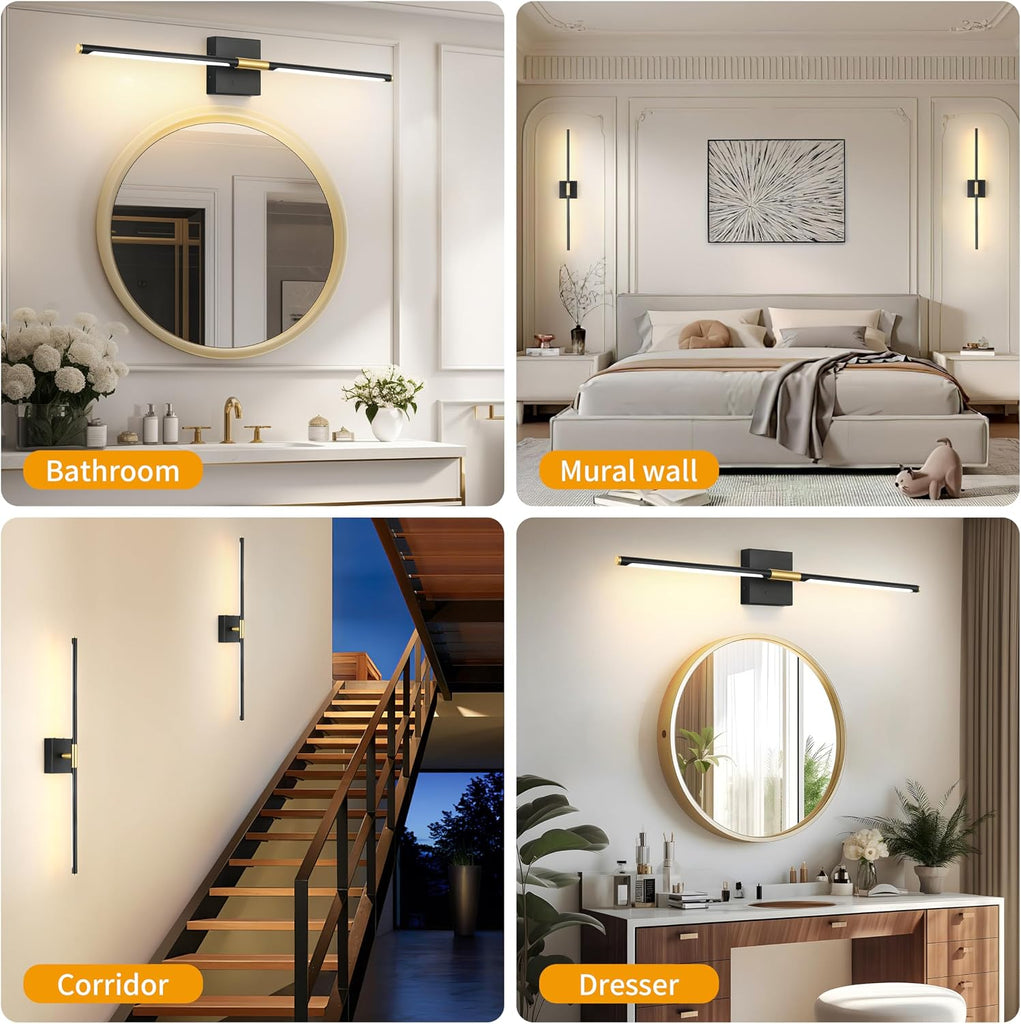 10000mAh Battery Operated Wall Sconces Set of 2, 3 Color Dimmable Rechargeable Wall Light with Remote, 24 Inch Black