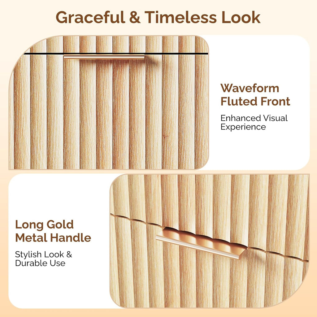 Fluted Tall Dresser 5 Drawer, 23.66" W Chest of Drawers, Oak Wood Dresser Mid Century Modern with Rounded Edge