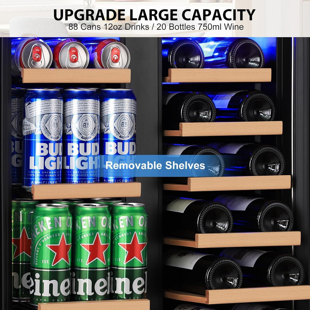 24" Dual Zone Wine & Beverage Refrigerator - Under Counter Cooler with Upgraded Cooling & Blue LED Light