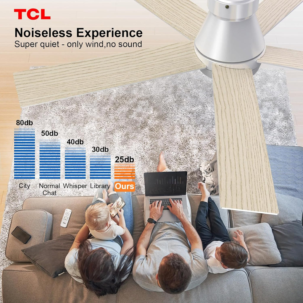 52" Ceiling Fan with Lights, Silver Flush Mount, 5 Blade Low Profile, 6 Speeds DC Reversible, Dimmable, Modern for Bedroom, Living Room and Garage
