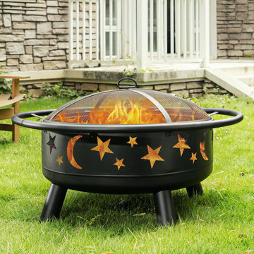 32 Inch Round Fire Pit with Mesh Cover, Fire Poker, Star and Moon Design, Metal Wood Burning Outdoor Firepit