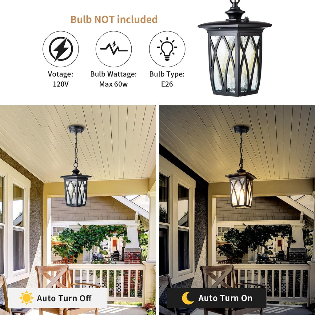 Dusk to Dawn Outdoor Pendant Lantern, 12 Inch Craftsman Style Exterior Hanging Light with Water Ripple Glass