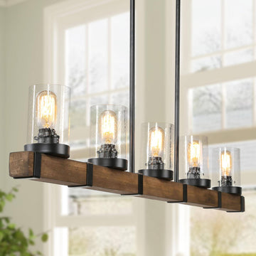 Kitchen Island Lighting, Farmhouse Wood Linear Dining Room Chandelier Over Table with Seeded Glass Shade