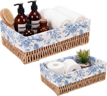 Blue Floral Toilet Paper Storage Basket Set of 2 Chinoiserie Floral Decorative Wicker Bathroom Organizer for Toilet
