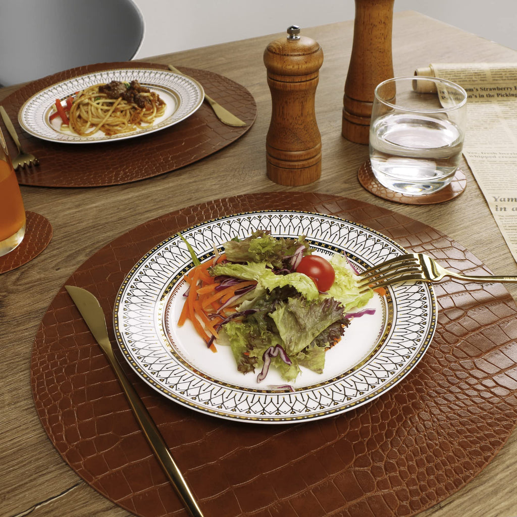 Round Leather Placemats for Round Tables Set of 4, Brown Table Place Mats and Coasters, Washable Easy to Care for