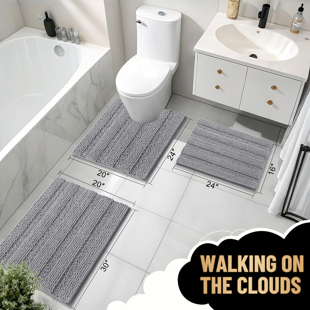 Thick Bathroom Rugs Sets 2 Piece, Soft Absorbent Chenille Striped Bath Mats and U-Shaped Contour Toilet Rug, Machine