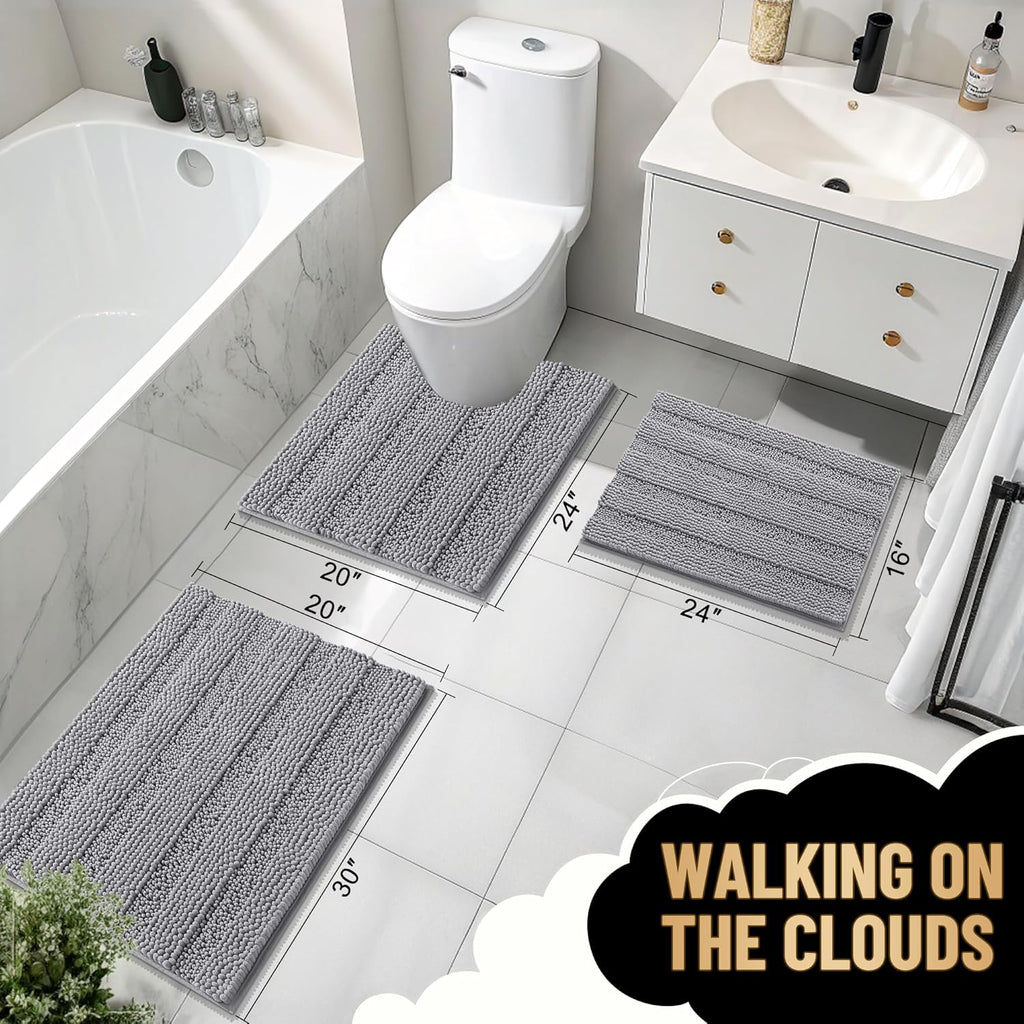 Thick Bathroom Rugs 36x24, Soft Chenille Striped Bath Rugs, Grey | Rubber Backing, Machine Wash, Extra Absorbent Bath