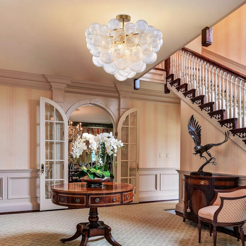 Semi Flush Mount Bubble Ball Chandelier Lighting 24 Inches Gold Clear Ribbed Blown Glass Chandeliers Ceiling Light