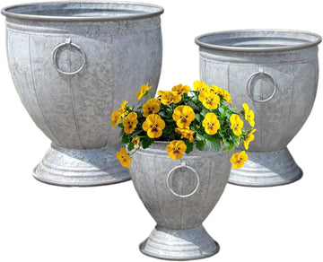 Durham Footed Urn Chubby Belly Planters, Set of 3, Ring Handles, Galvanized Metal, Vintage Grey, Indoor/Outdoor