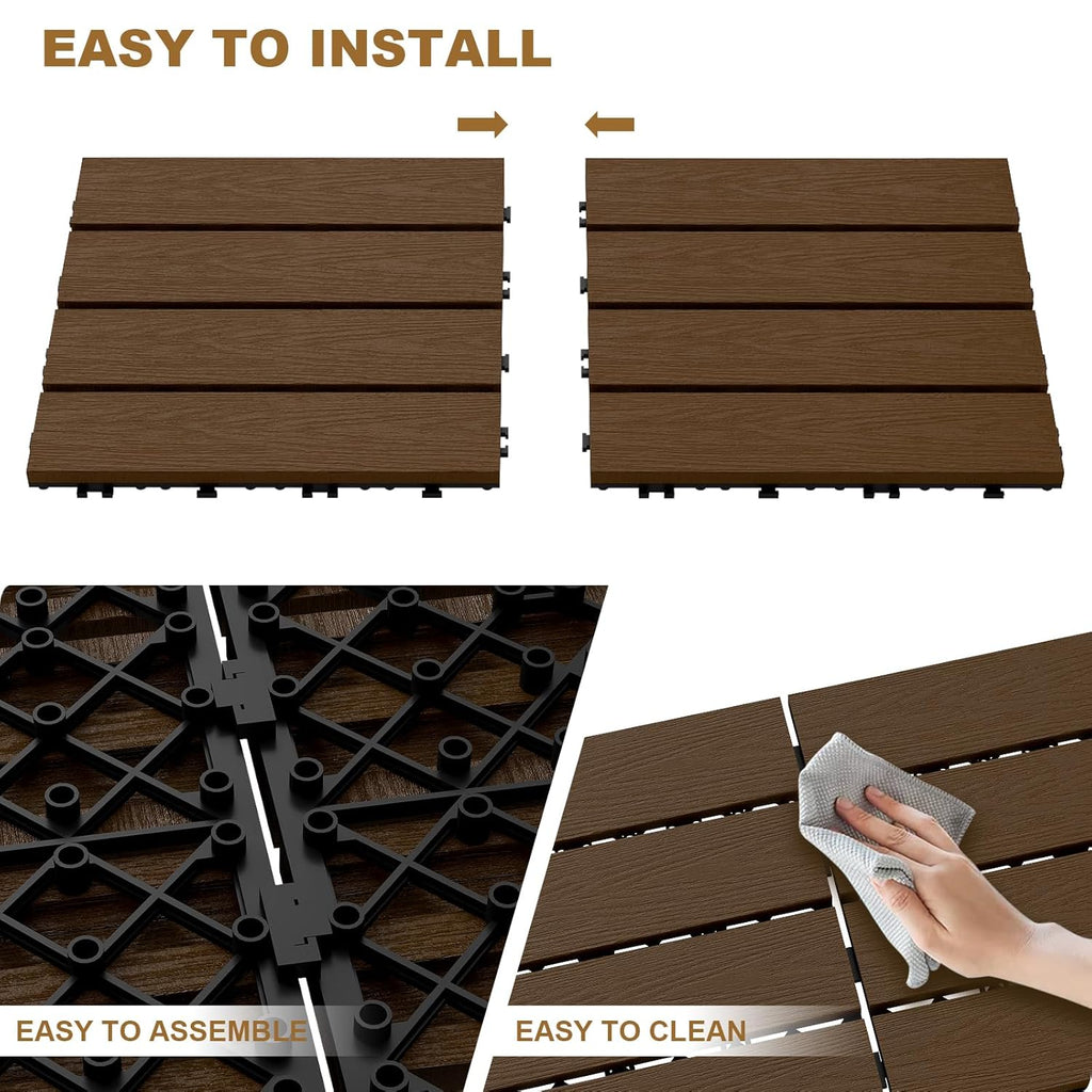 Interlocking Deck Tiles, 10 Pack Outdoor Patio Flooring, 12"x12" Wood Plastic Composite Waterproof Decking Tile, DIY