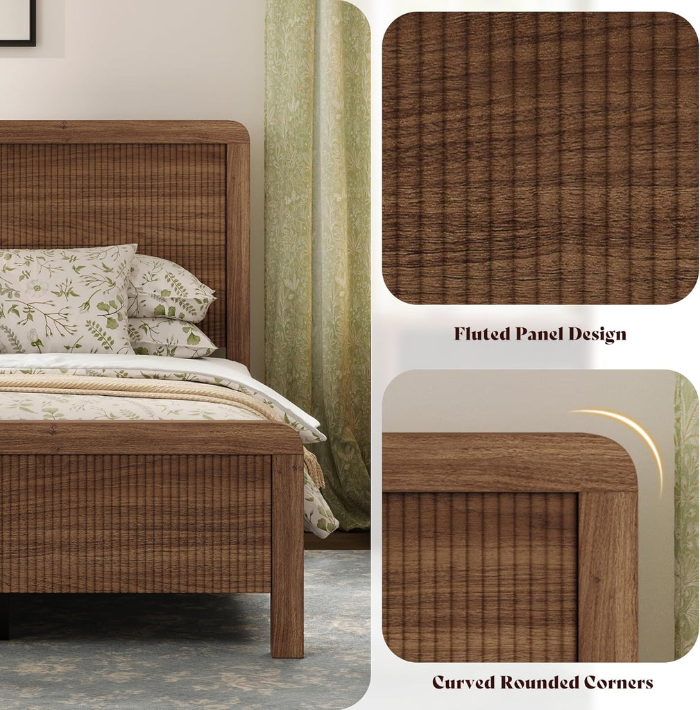 Wood Queen Bed Frame with Headboard & Footboard, Modern Fluted Wooden Platform Bedframe, Easy Assembly, Brown