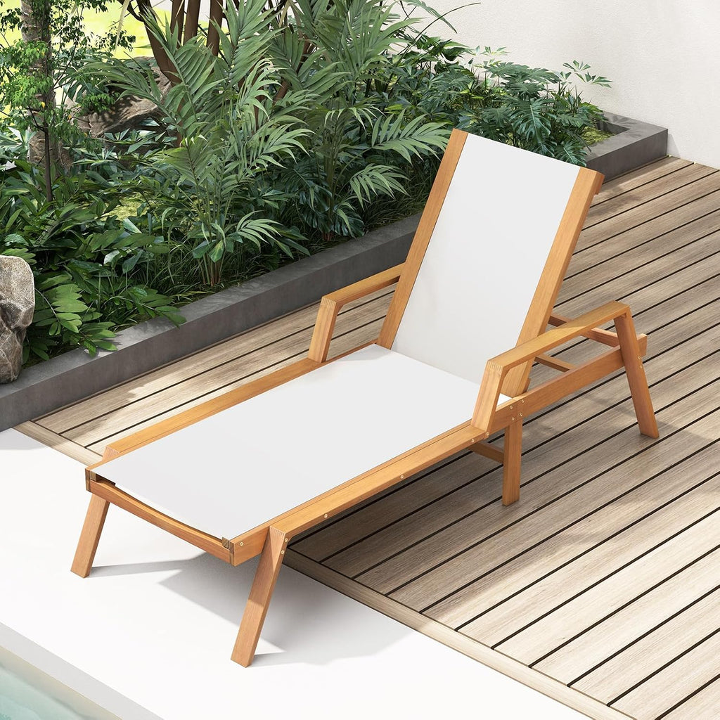 Wood Chaise Lounge Chair Outdoor, Patio Sun Lounger with Adjustable Back, Acacia Wood Lounge Chair with Breathable