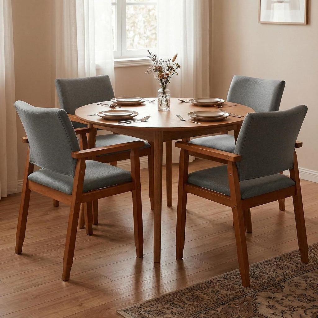 Mid Century Modern Walnut Dining Chairs Wood Arm Grey Fabric Kitchen Cafe Living Room Decor Furniture
