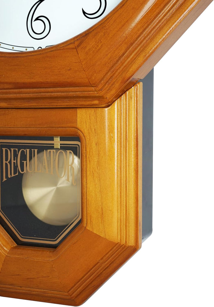 Traditional Luminous Schoolhouse Solid Wood Pendulum Wall Clock Chimes Hourly with Westminster Melody Chime Made in Taiwan (Natural Wood...