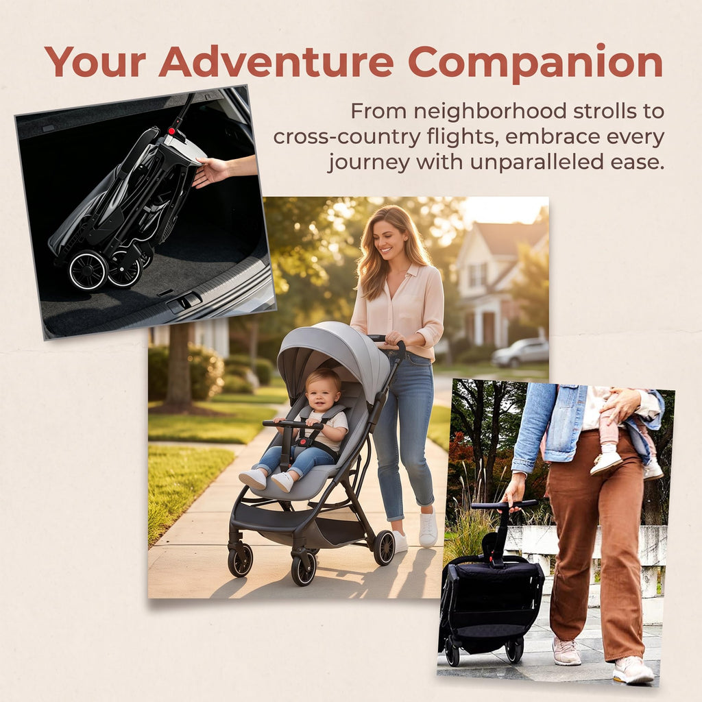 Compact Travel Stroller, Premium Grey Foldable Baby Stroller
