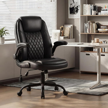 Leather, Computer Desk Chair with Adjustable Lumbar Support, Thick Cushion, Flip-Up Arms and Ergonomic Back, Comfy