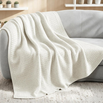 Chunky Chenille Knit Throw Blanket, Lightweight Breathable Summer Throws, Luxe Soft Fuzzy Cozy Basket Woven Stitch